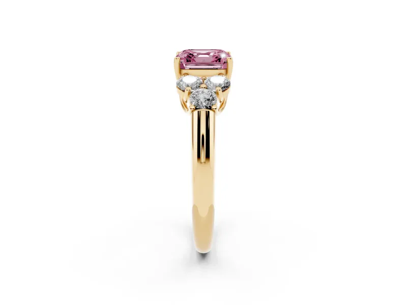 Fancy Pink Asscher Cut Diamond Cluster Ring Set in Yellow gold with Round Accent Stones and Prong Setting on a Plain Band