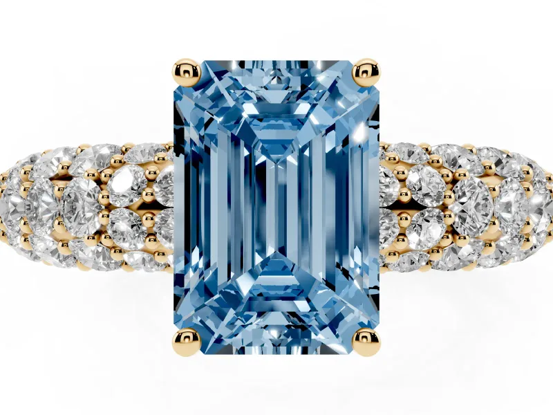 Emerald Cut Multi Row Pave Engagement Ring Setting for a Fancy Blue Lab-Grown Diamond | Yellow Gold