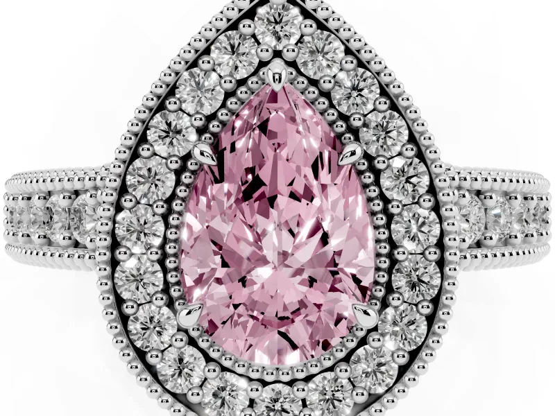 Fancy Pink Pear Cut Diamond Halo Ring Set in Silver with Round Accent Halo, Pavé Band and Prong Setting