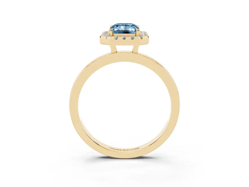 Emerald Cut Thin Halo Engagement Ring Setting for a Fancy Blue Lab-Grown Diamond | Plain Polished Band | Yellow Gold