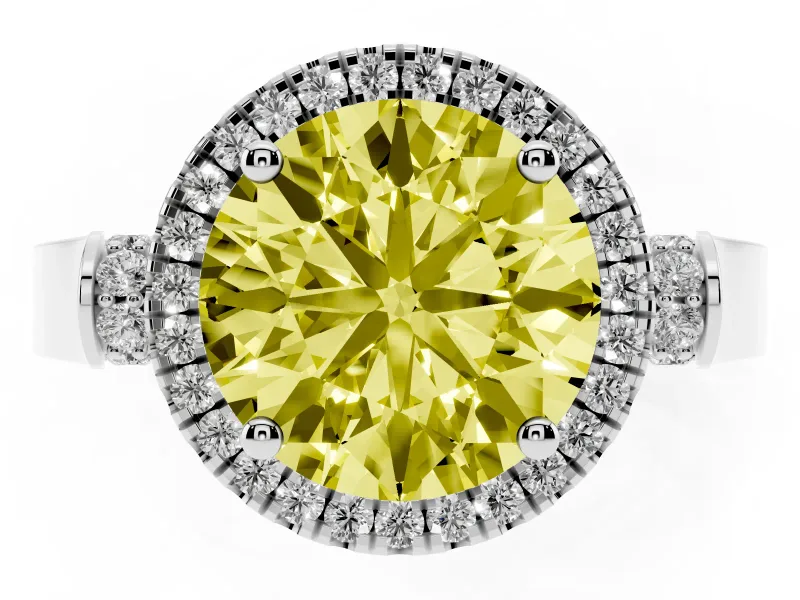 Round Halo Engagement Ring Setting for a Fancy Yellow Lab-Grown Diamond | Pavé Panel Shoulders | Sterling Silver