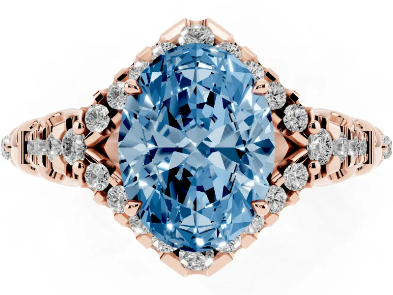 Oval Hidden Halo Filigree Engagement Ring Setting for a Fancy Blue Lab-Grown Diamond | Rose Gold