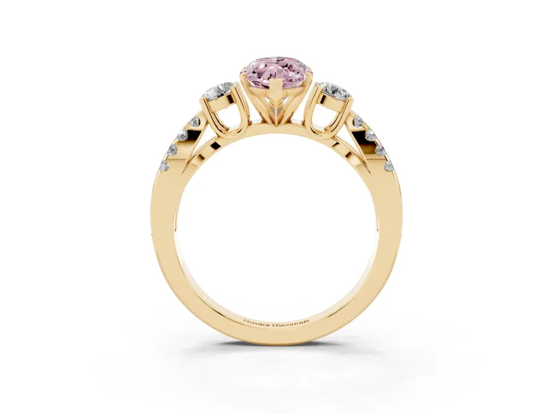 Fancy Pink Marquise Cut Diamond Three-Stone Ring Set in Yellow gold with Pavé Split Shank and Prong Setting