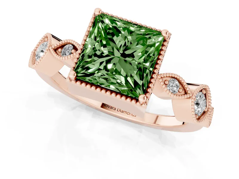 Princess Cut Vintage Milgrain Engagement Ring Setting for a Fancy Green Lab-Grown Diamond | Rose Gold