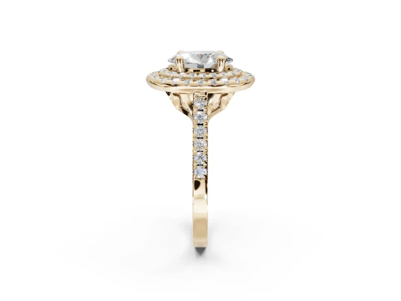 Oval Lab-Grown Diamond Double Halo Statement Ring Set in Yellow Gold with Pavé Band
