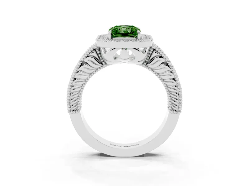 Fancy Green Radiant Cut Diamond Halo Ring Set in White gold with Round Accent Halo, Pavé Band and Prong Setting