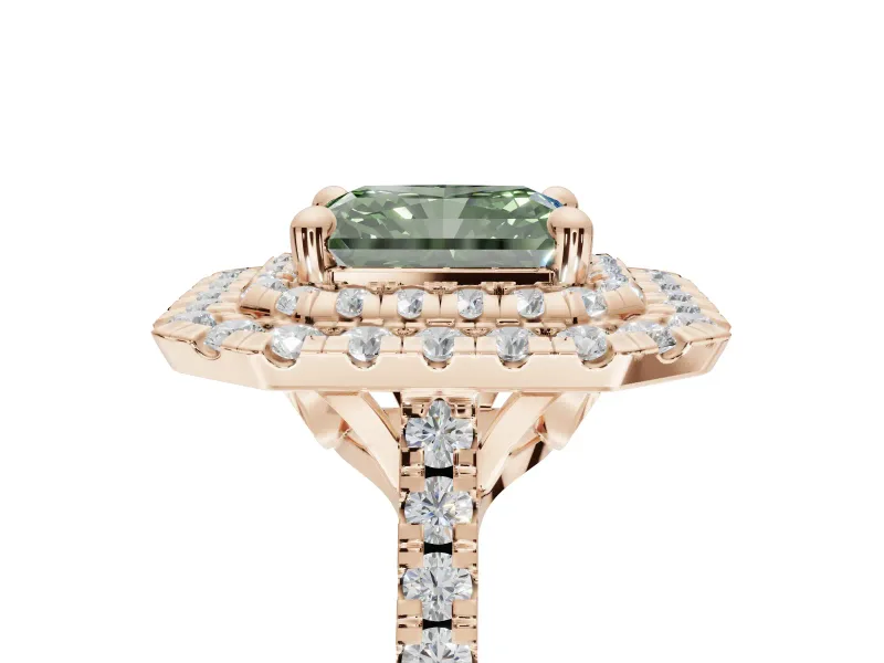 Radiant Cut Double Halo Engagement Ring Setting for a Fancy Green Lab-Grown Diamond | Pave Shoulders | Rose Gold