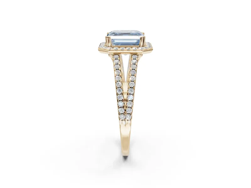Asscher Cut Halo Split Shank Engagement Ring Setting for a Fancy Blue Lab-Grown Diamond | Pavé Shoulders | Yellow Gold