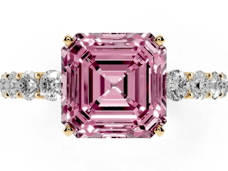 Fancy Pink Asscher Cut Diamond Solitaire Ring Set in Yellow gold with Shared Prong Pavé Band