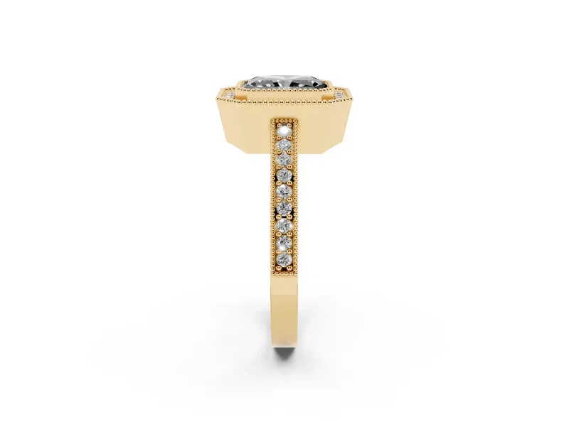 Radiant Cut Milgrain Halo Engagement Ring Setting for a Black Center | Pavé Band | Yellow Gold