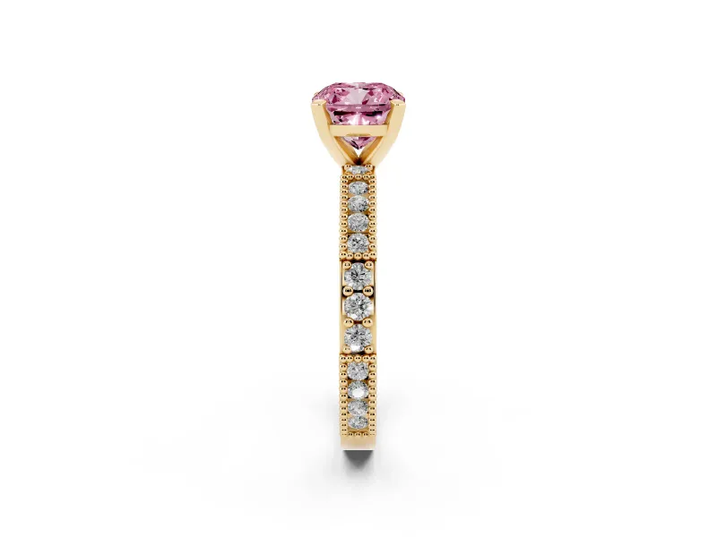 Fancy Pink Cushion Cut Diamond Solitaire Ring Set in Yellow gold with Slim Pavé Band and Prong Setting