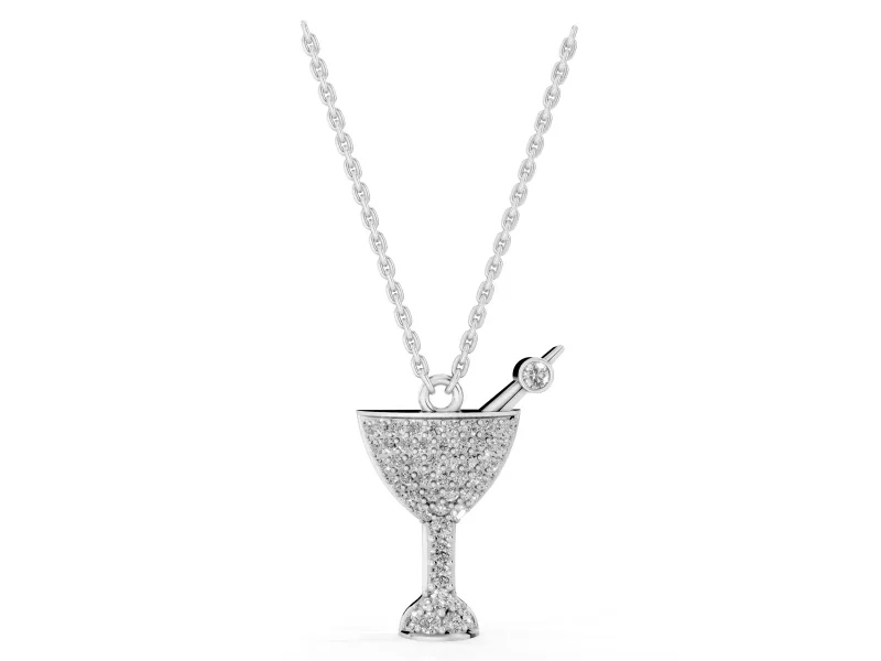 Round Lab-Grown Diamond Pavé Martini Glass Pendant Necklace | Bezel-Set Olive | White Gold