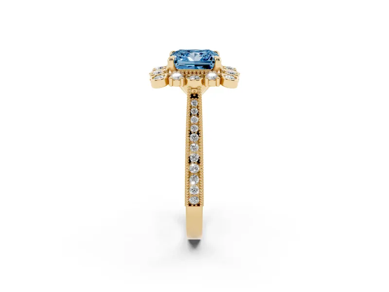 Fancy Blue Princess Cut Diamond Halo Milgrain Pavé Ring Set in Yellow gold with Prong Setting