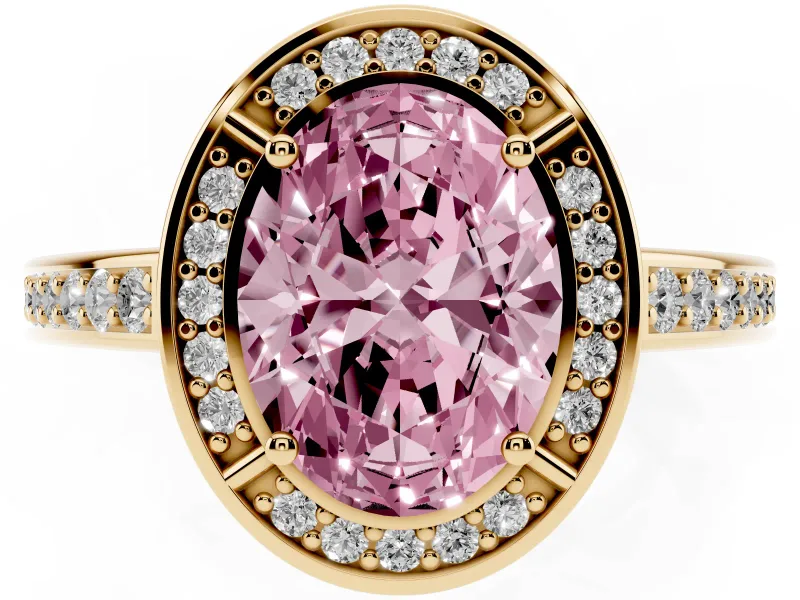 Fancy Pink Oval Cut Diamond Halo Pavé Split Shank Ring Set in Yellow gold with Prong Setting
