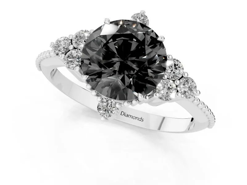 Round Vintage Cluster Engagement Ring Setting for a Black Center | Beaded Edges | White Gold