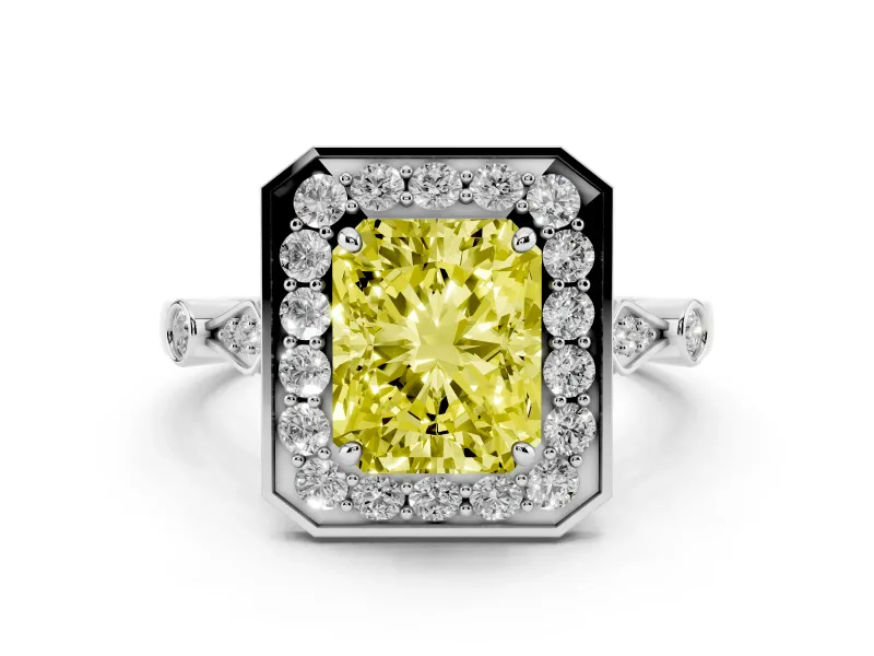 Fancy Yellow Radiant Cut Diamond Halo Engagement Ring Set in Platinum with Twisted Band and Prong Setting