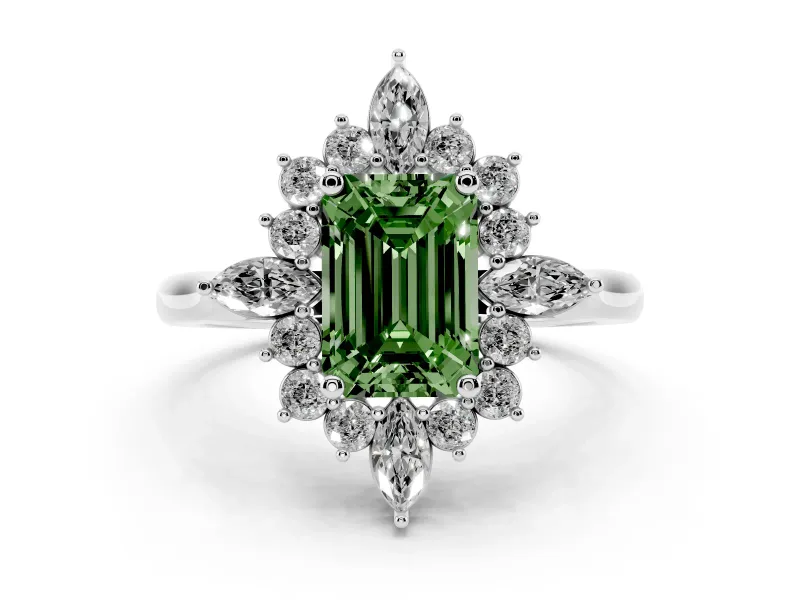 Fancy Green Emerald Cut Diamond Cluster Halo Ring Set in Platinum with Marquise and Round Accents