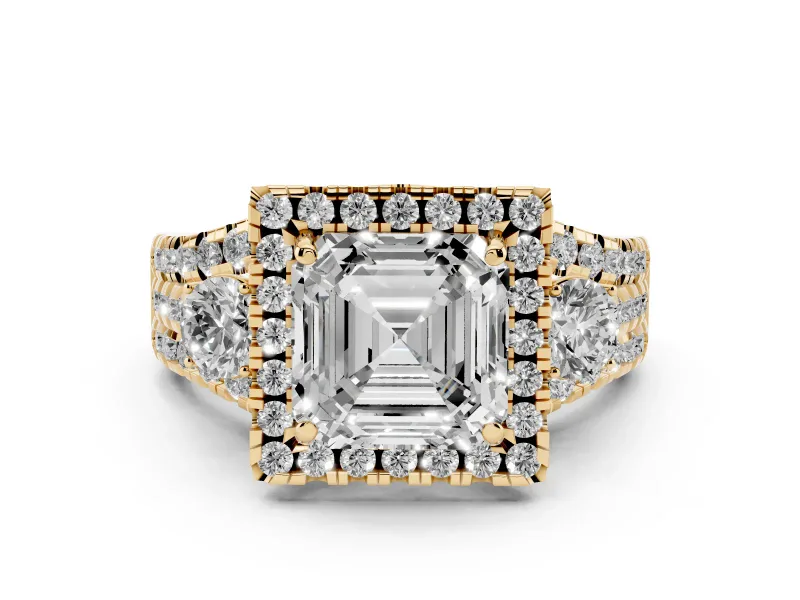 Asscher Cut Diamond Halo Split Shank Ring Set in Yellow gold with Round Accent Stones and Prong Setting