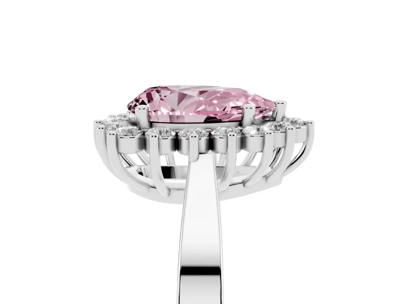 Fancy Pink Pear Cut Diamond Halo Ring Set in Silver with Round Halo and Smooth Solitaire Band