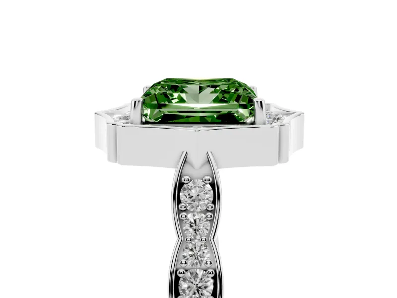 Princess Cut Scalloped Halo Engagement Ring Setting for a Fancy Green Lab-Grown Diamond | Pave Band | Sterling Silver