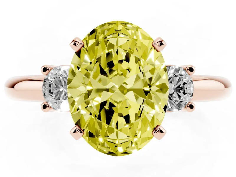 Oval Three Stone Engagement Ring Setting for a Fancy Yellow Lab-Grown Diamond | Round Side Stones | Rose Gold