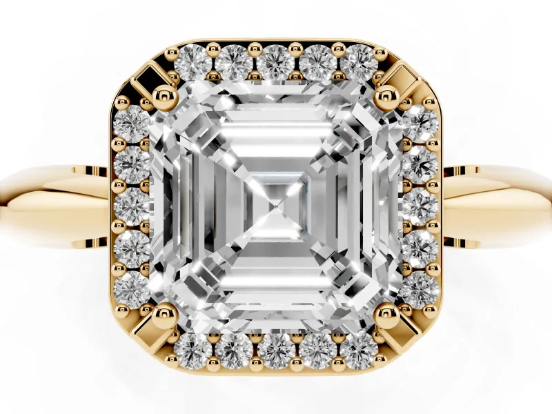 Asscher Cut Diamond Halo Engagement Ring Set in Yellow gold with Plain Split Shank and Prong Setting