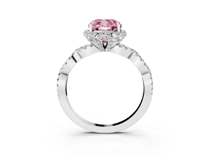 Fancy Pink Cushion Cut Diamond Halo Twist Band Solitaire Ring Set in Platinum with Prong-Set Center Stone