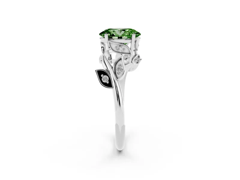 Fancy Green Oval Cut Diamond Solitaire Twist Engagement Ring Set in Silver with Pavé Leaf Accents