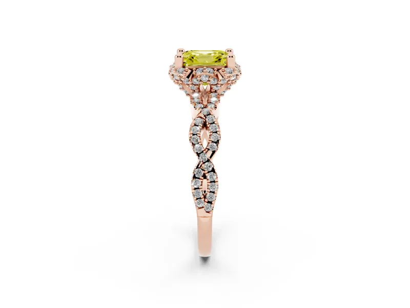 Fancy Yellow Asscher Cut Diamond Halo Twist Band Solitaire Ring Set in Rose gold with Prong-Set Center Stone