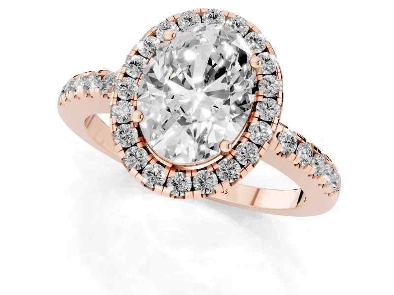 Oval Cut Diamond Pavé Band Halo Engagement Ring Set in Rose gold with Prong Setting