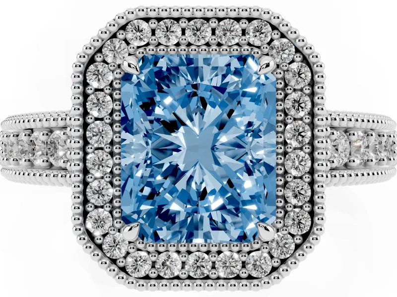 Fancy Blue Radiant Cut Diamond Halo Ring Set in Silver with Round Accent Halo, Pavé Band and Prong Setting