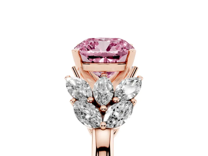 Fancy Pink Cushion Cut Diamond Cluster Leaf Design Ring Set in Rose gold with Prong Setting