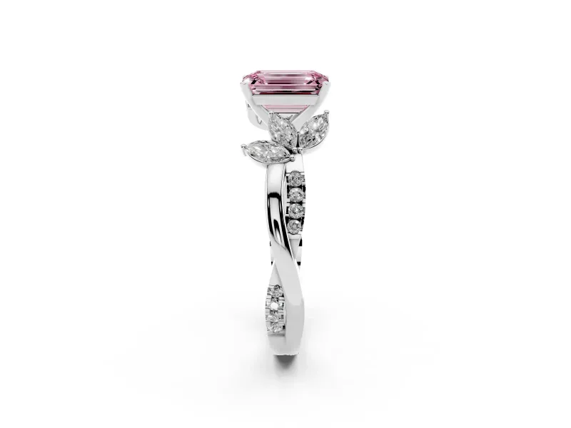 Fancy Pink Emerald Cut Diamond Floral Vine Solitaire Engagement Ring Set in Platinum with Marquise Leaves