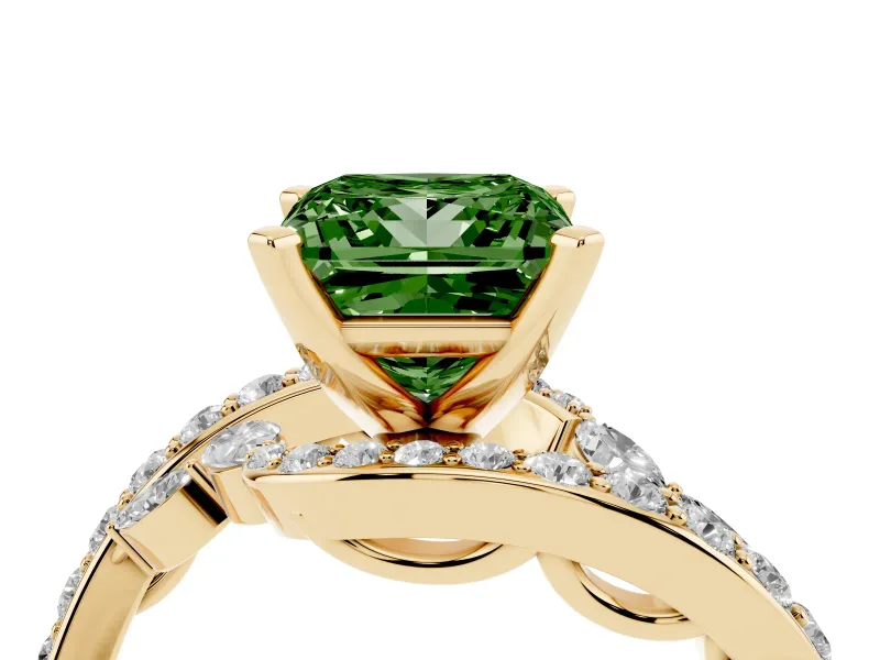 Fancy Green Princess Cut Diamond Solitaire Ring Set in Yellow gold with Pavé Twist Band and Secure Prong Setting