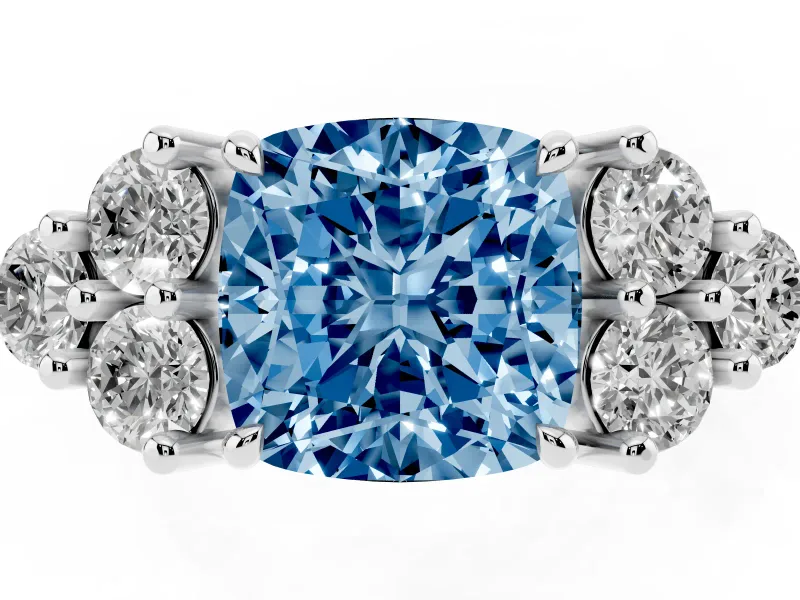 Fancy Blue Cushion Cut Diamond Solitaire Ring Set in Silver with Cluster Accents on Each Side