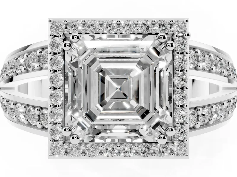 Asscher Cut Halo Engagement Ring Setting | Two-Row Pave Split Shank | Sterling Silver