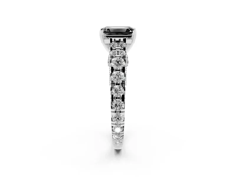 Fancy Black Emerald Cut Diamond Classic Solitaire Ring Set in Silver with Pavé Band and Prong Setting
