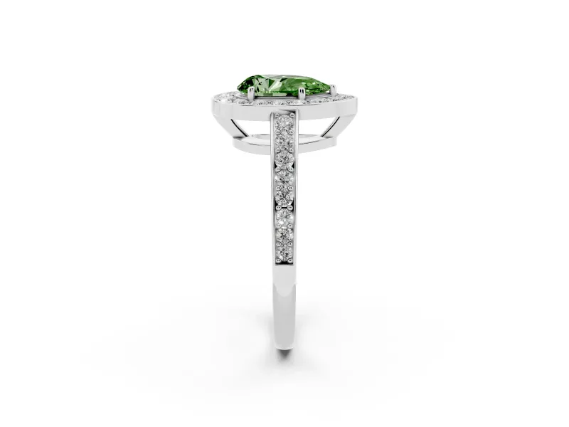 Fancy Green Pear Cut Diamond Halo Pavé Engagement Ring Set in Platinum with Bezel Setting