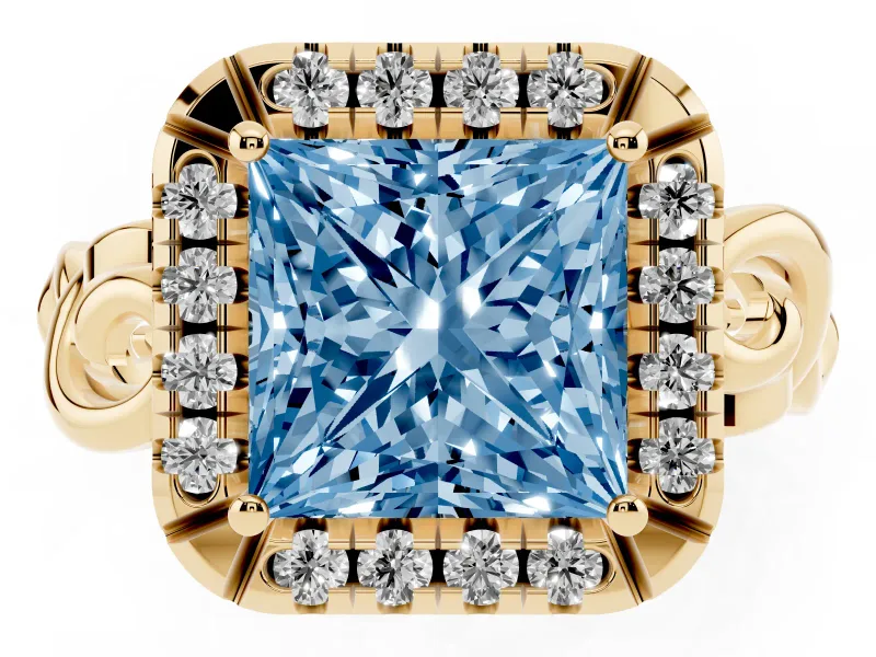 Fancy Blue Princess Cut Diamond Halo Ring Set in Yellow gold with Scrollwork Band and Prong Setting