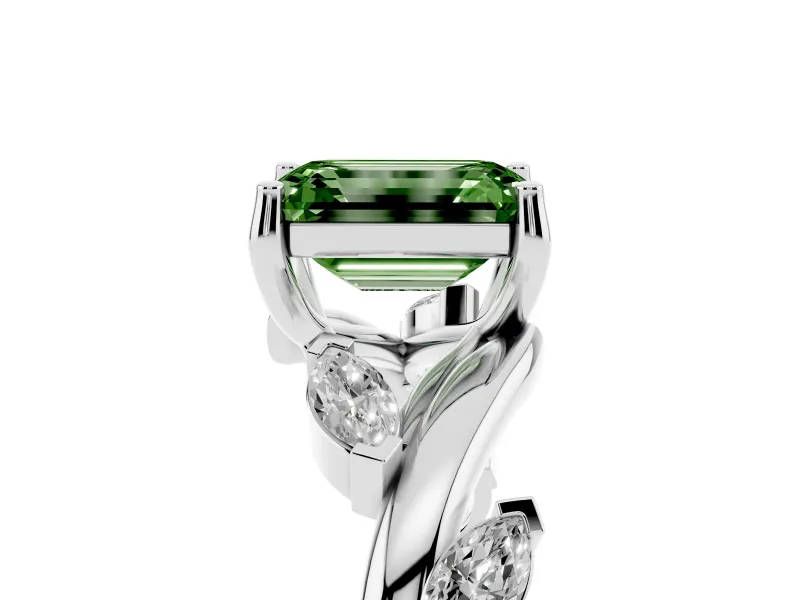 Fancy Green Emerald Cut Diamond Solitaire Ring Set in Silver with Twisted Marquise Accent Band
