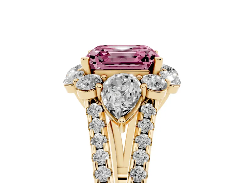 Asscher Cut Scalloped Halo Engagement Ring Setting for a Fancy Pink Lab-Grown Diamond | Pear Side Stones | Yellow Gold