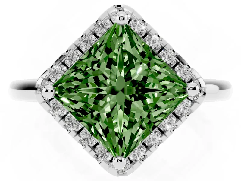 Princess Cut Halo Engagement Ring Setting for a Fancy Green Lab-Grown Diamond | Plain Polished Band | Sterling Silver