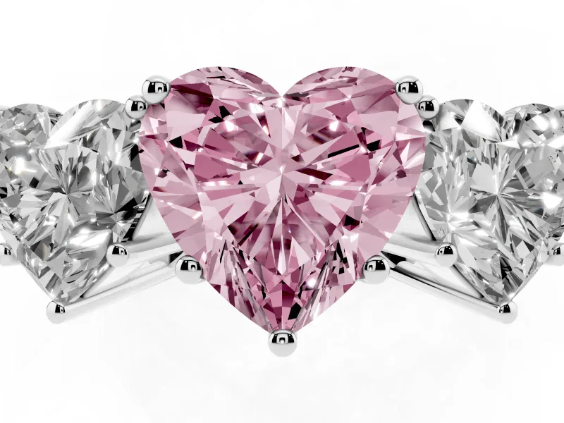 Heart-Shaped Three Stone Engagement Ring Setting for a Fancy Pink Lab-Grown Diamond | Beaded Shoulders | Sterling Silver