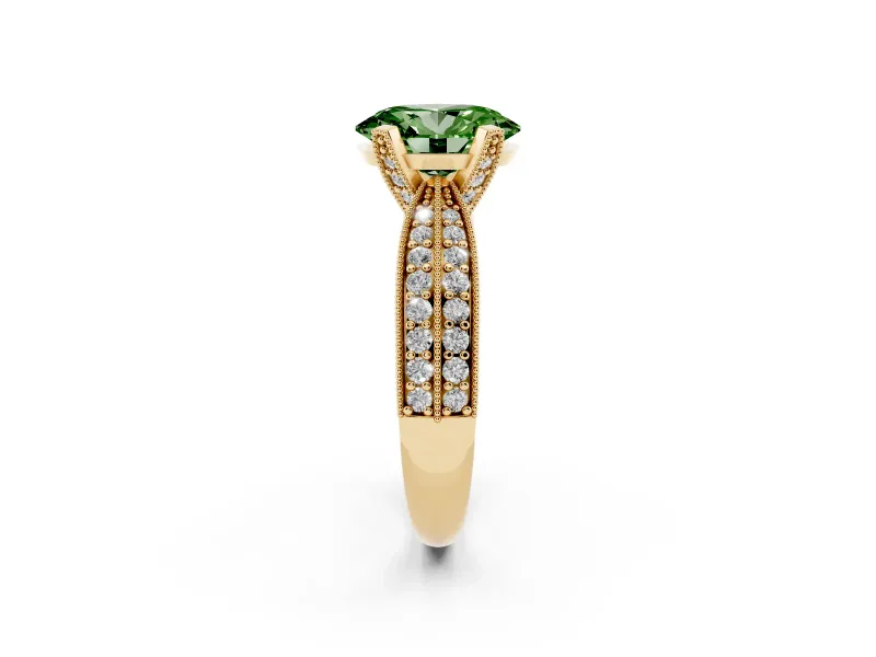 Fancy Green Oval Cut Diamond Solitaire Ring Set in Yellow gold with Milgrain Double Row Round Pavé Band
