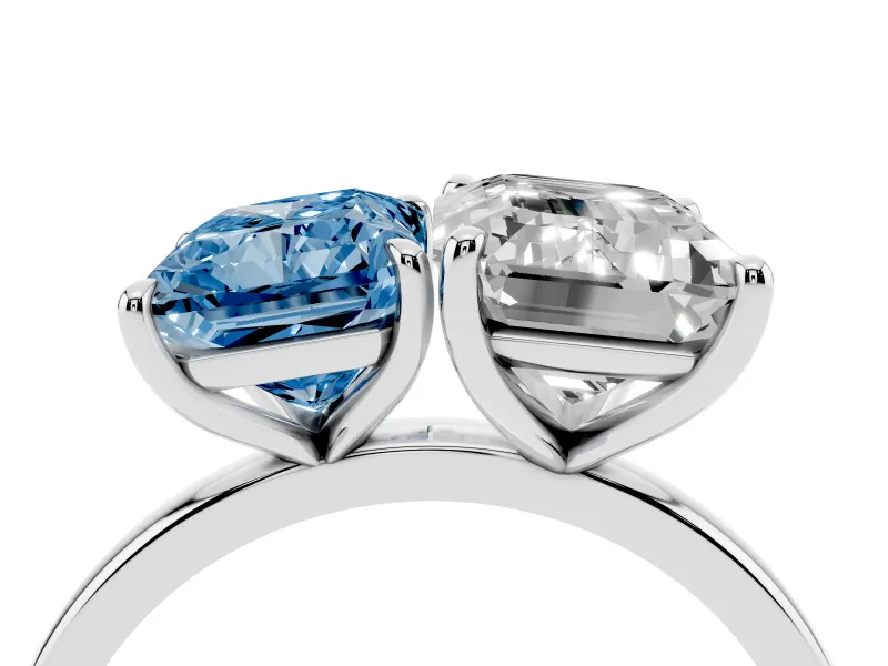 Fancy Blue Radiant Cut and Emerald Cut Toi Moi Ring Set in Platinum with Prong Setting