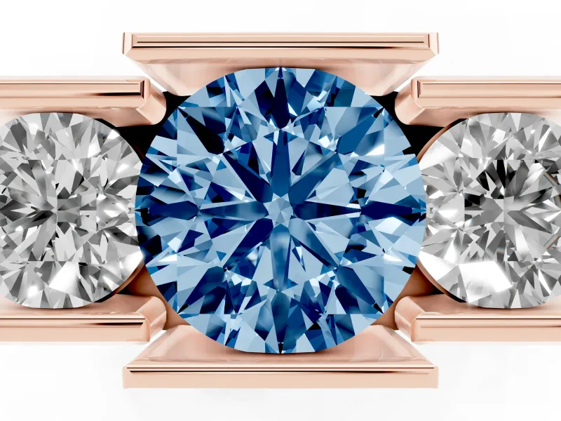 Round Channel-Set Three Stone Engagement Ring Setting for a Fancy Blue Lab-Grown Diamond | Rose Gold
