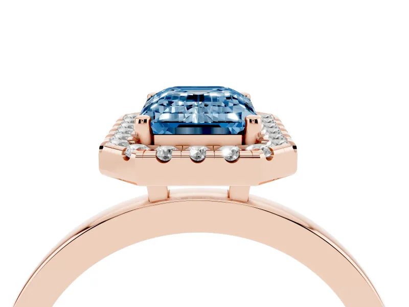 Emerald Cut Thin Halo Engagement Ring Setting for a Fancy Blue Lab-Grown Diamond | Plain Polished Band | Rose Gold