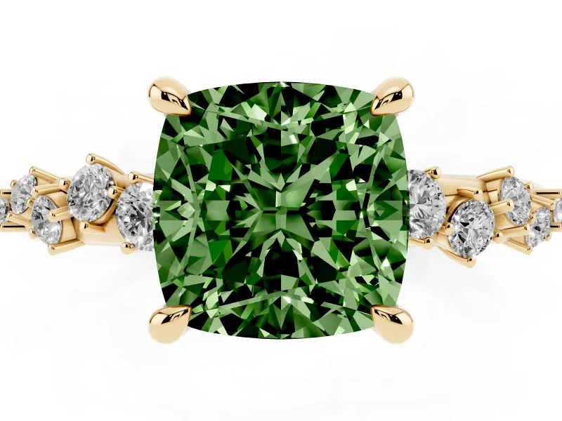 Fancy Green Cushion Cut Diamond Solitaire Vine Band Ring Set in Yellow gold with Round Accents and Prong Setting
