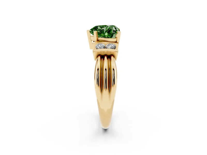 Fancy Green Three-Stone Heart Cut Diamond Channel Set Ring Set in Yellow gold with Bar Prongs