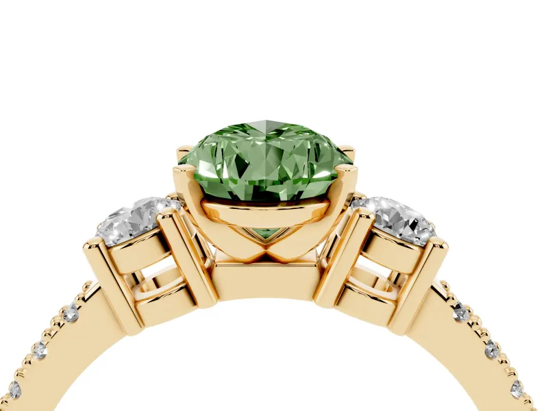 Fancy Green Three-Stone Pear Cut Diamond Pavé Band Ring Set in Yellow gold with Prong Setting
